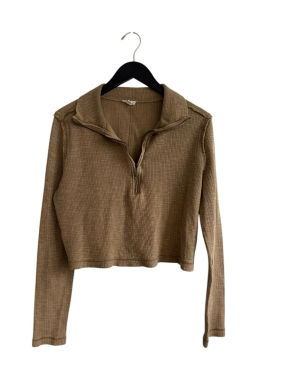 Pilcro Gauzy Ribbed Long Sleeve Quarter Zip Crop Top Sz Small Neutral Brown